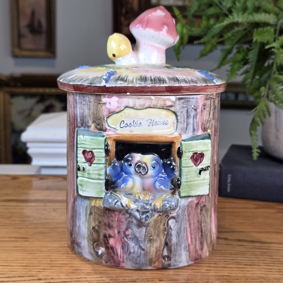 Other - Vintage Cookie House Jar Mushroom Lid Blue Birds Kitsch Metlox Poppytrail